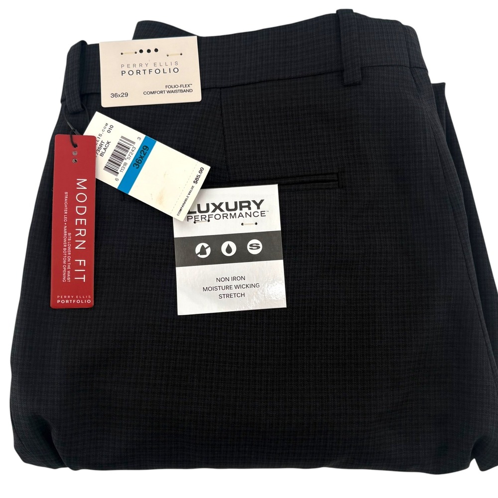 Perry Ellis Portfolio Mens Modern Fit Dress Pants Black 36x29 Luxury Performance